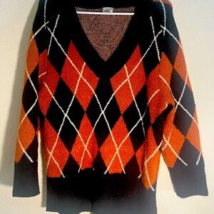 Orange and Black Argyle Pattern Sweater